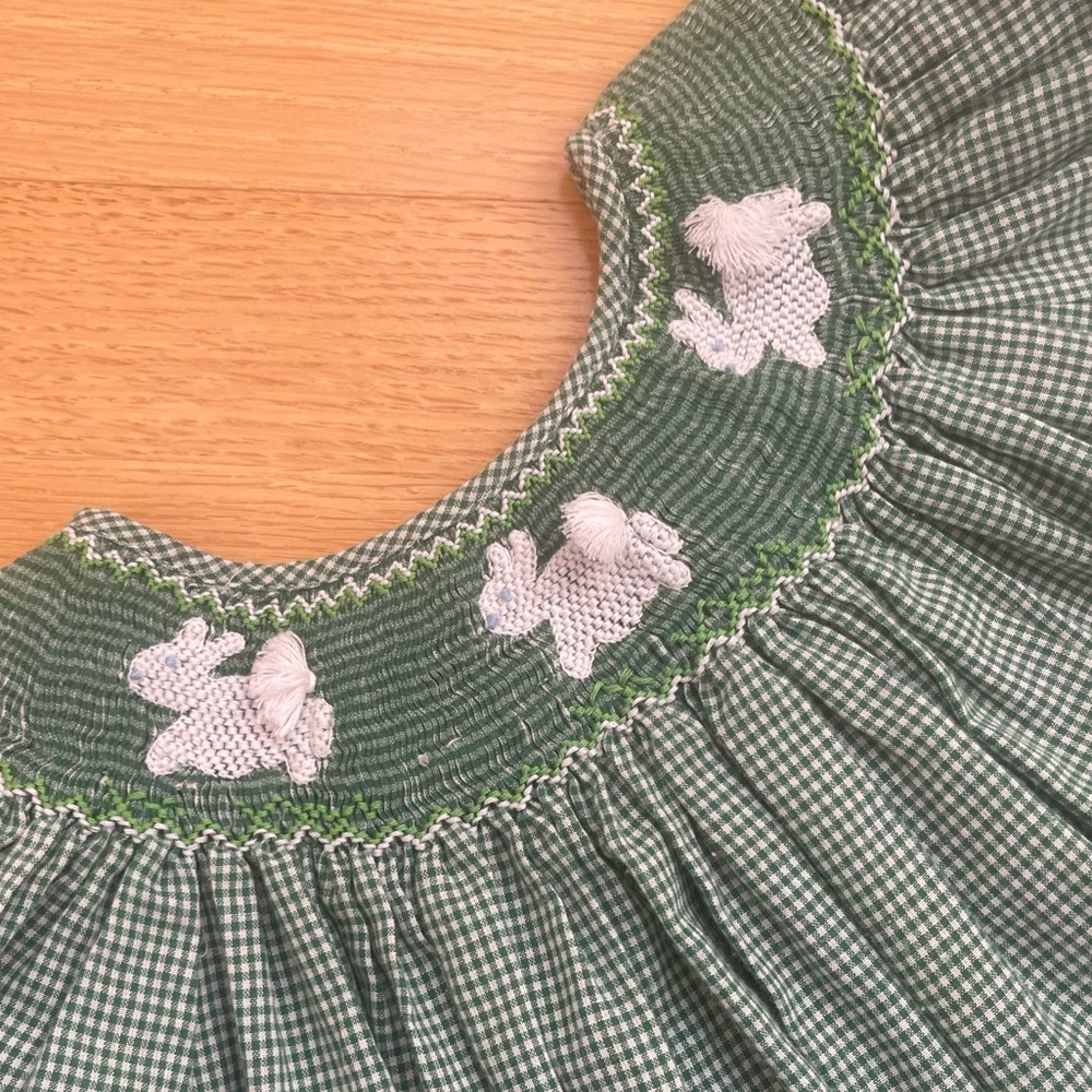 ROYAL CHILD HAND SMOCKED Classic Heirloom Gingham Bunny Rabbit Bishop Dress